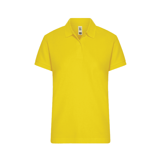 A bright yellow women's polo shirt featuring a collar and short sleeves, with a branding logo.