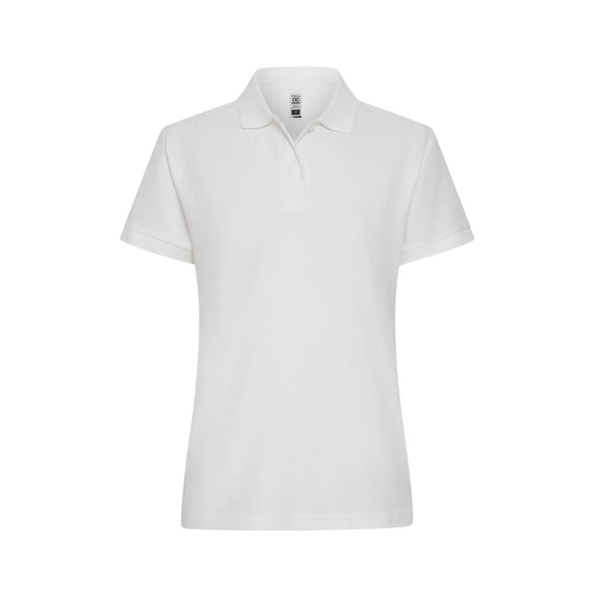 A white women's polo shirt with a classic collar and short sleeves, featuring a branding logo.