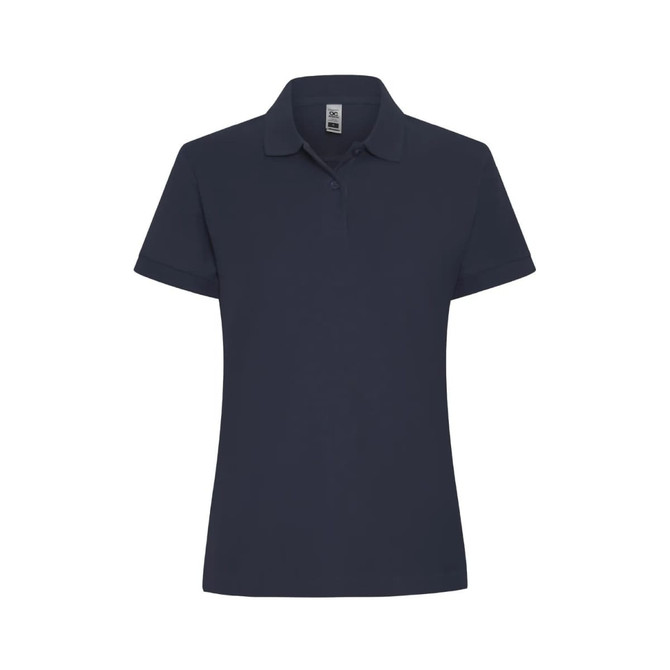A navy women's polo shirt with a collar, short sleeves, and a logo on the chest.