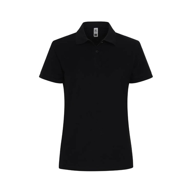 A black women's polo shirt with a collar and a logo on the chest area.