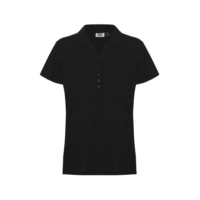 A black women's polo shirt with a collared neckline and short sleeves, featuring a button placket and a logo.
