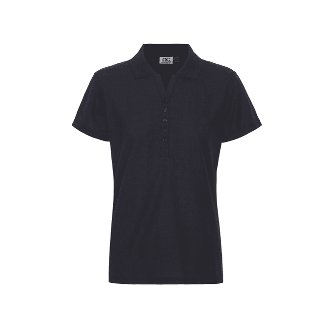 A women's polo shirt in dark navy with a buttoned front and a logo on the chest.