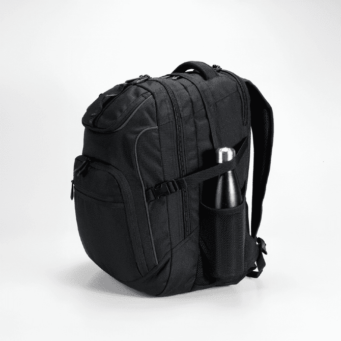 A black backpack with multiple compartments and a side pocket holding a drink bottle. It features a logo.