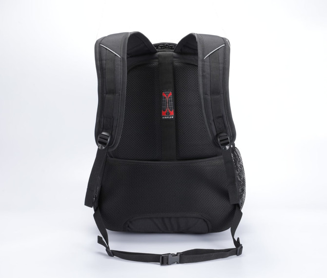 A black backpack featuring padded shoulder straps and mesh detailing. It includes a branding logo on the back.