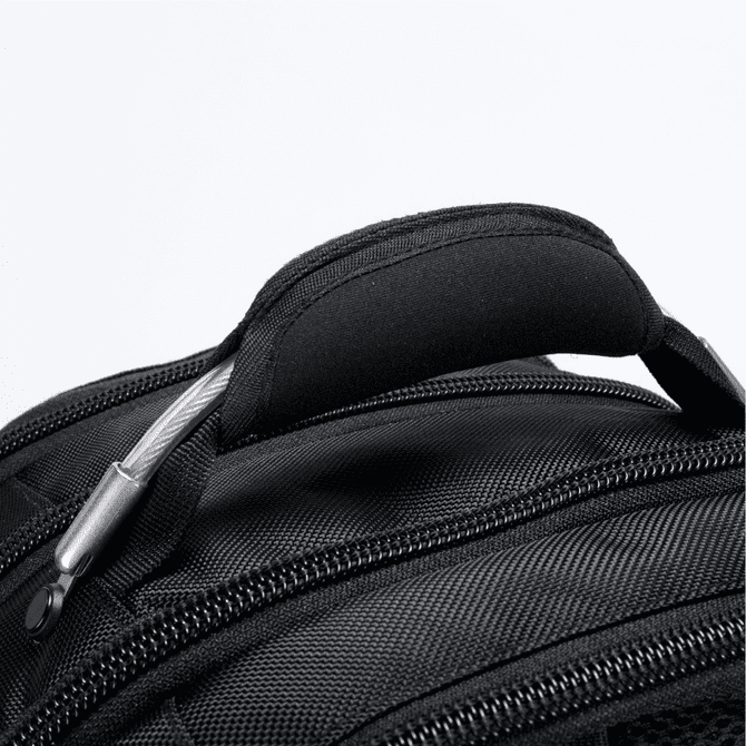 A black backpack featuring a padded handle and zipped compartments, with a logo on the design.
