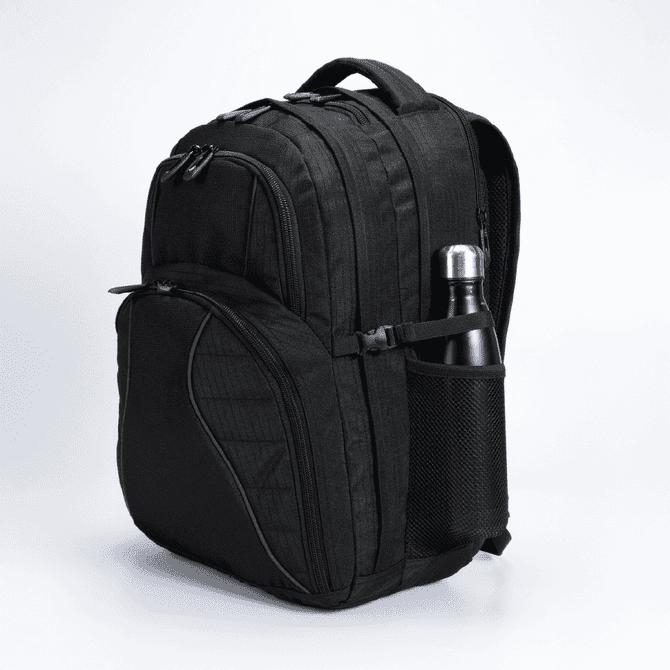 A black Fitzroy Backpack with a side pocket holding a drink bottle, featuring a logo on the front.