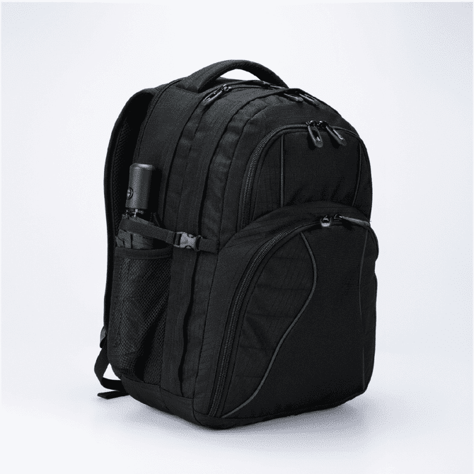 A black Fitzroy backpack featuring multiple compartments and a side pocket for a drink bottle or umbrella.