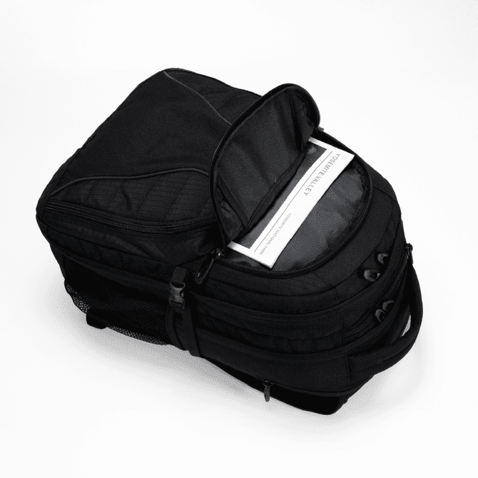 A black backpack with multiple compartments, featuring a front pocket and mesh side pockets, and a logo.
