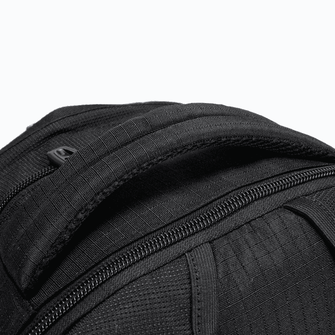 A black Fitzroy Backpack featuring a textured fabric and a sturdy top handle. It has a zippered compartment.