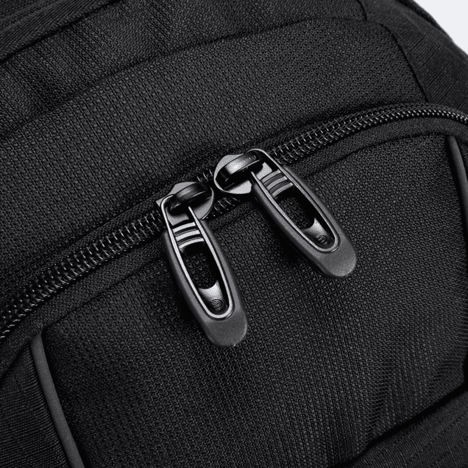 A black backpack featuring dual zip closures and a textured fabric surface, with a branding logo present.