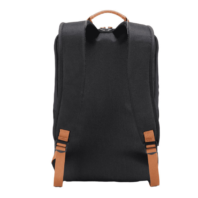 A black backpack with brown straps and handle, featuring a logo on the surface.