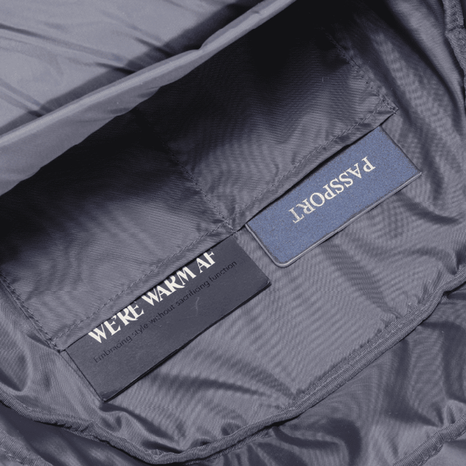 Interior view of a grey backpack featuring compartments for a passport and other items, with a logo present.