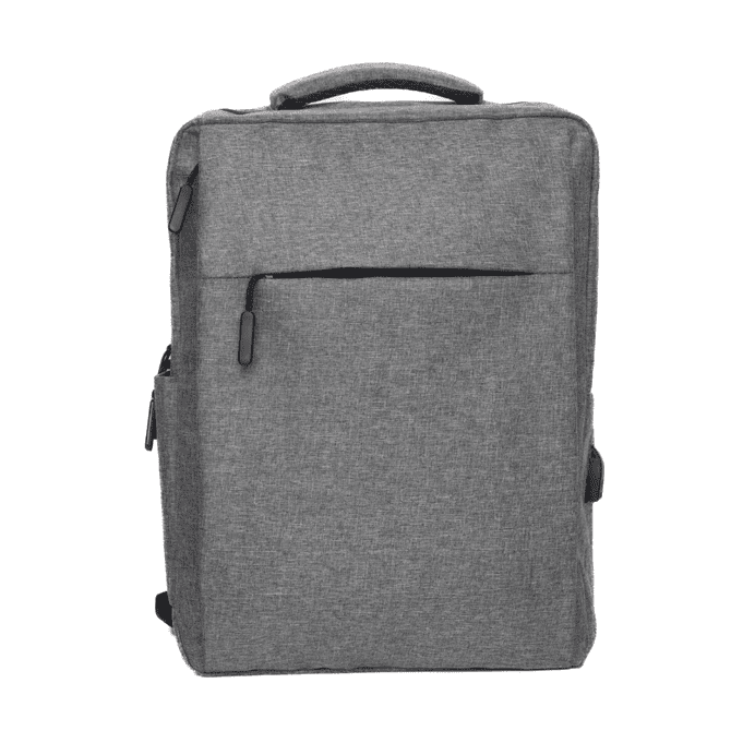 A grey backpack featuring multiple compartments and a logo on the front.