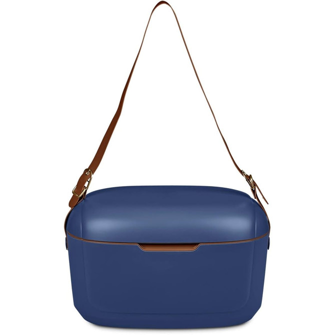 A blue cooler box with a brown adjustable strap, featuring a sleek design and a logo on the front.