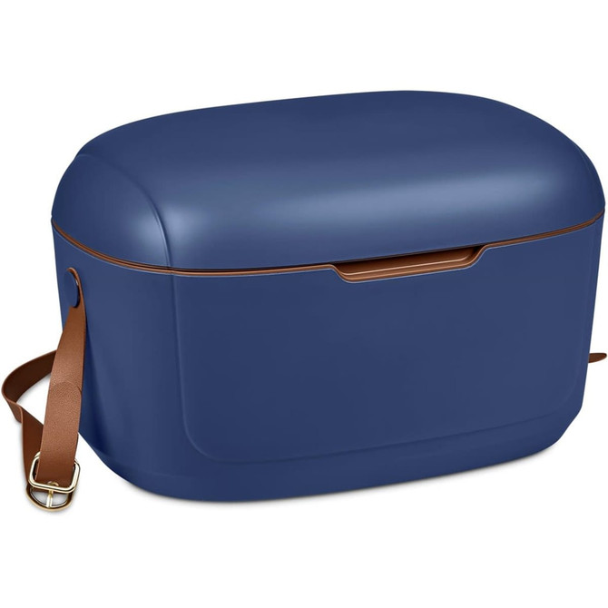 A blue cooler box with a brown strap, featuring a smooth, rounded design and a front handle.