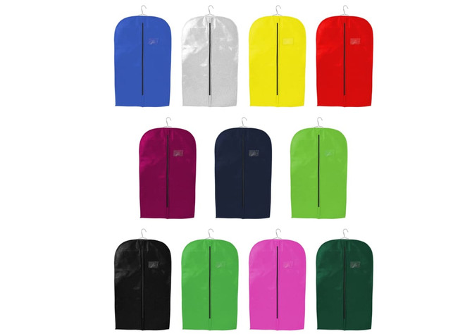 A collection of non-woven garment bags in blue, grey, yellow, red, purple, green, black, and pink, each with a hook and zipper.