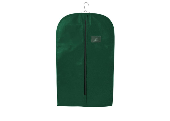 A green non-woven garment bag featuring a zip closure and a top hanger. It has a transparent pocket for identification.