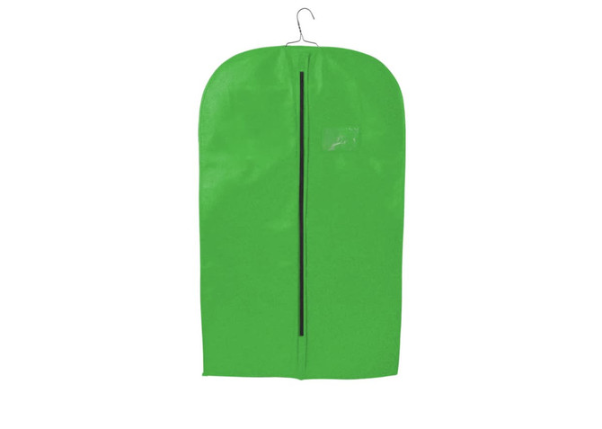 A vibrant green non-woven garment bag with a hanger and a front zipper, featuring a small transparent pocket.