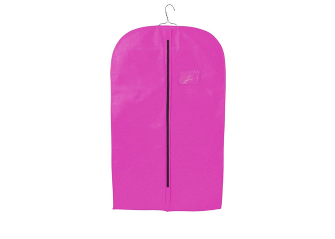 A pink non-woven garment bag with a hook at the top and a central zipper. It features a logo or branding on the surface.
