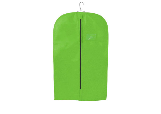 A vibrant green non-woven garment bag with a hook for hanging and a central zipper. It features a logo.