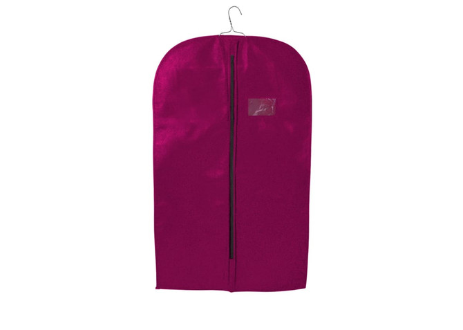 A magenta non-woven garment bag featuring a zippered opening and a hanger at the top. It includes a logo.