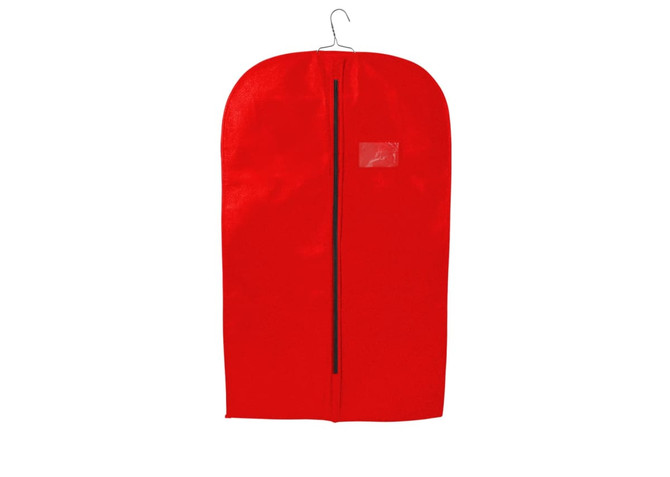 A red non-woven garment bag with a zipper and a clear identification pocket at the front.
