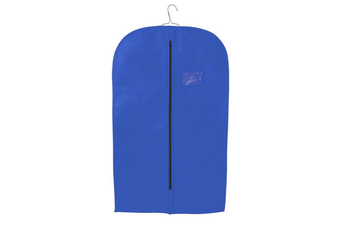 A blue non-woven garment bag with a hook for hanging, featuring a zip closure and an attached logo.