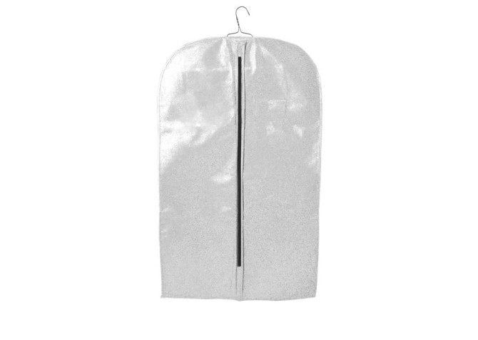 A silver non-woven garment bag with a hanger and a central zipper closure, featuring a logo on one side.