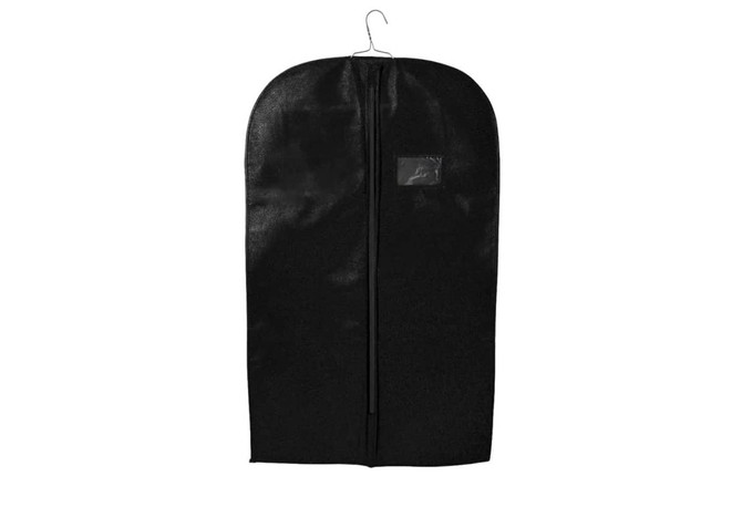 A black non-woven garment bag with a hook and a front zipper, featuring a small clear pocket.