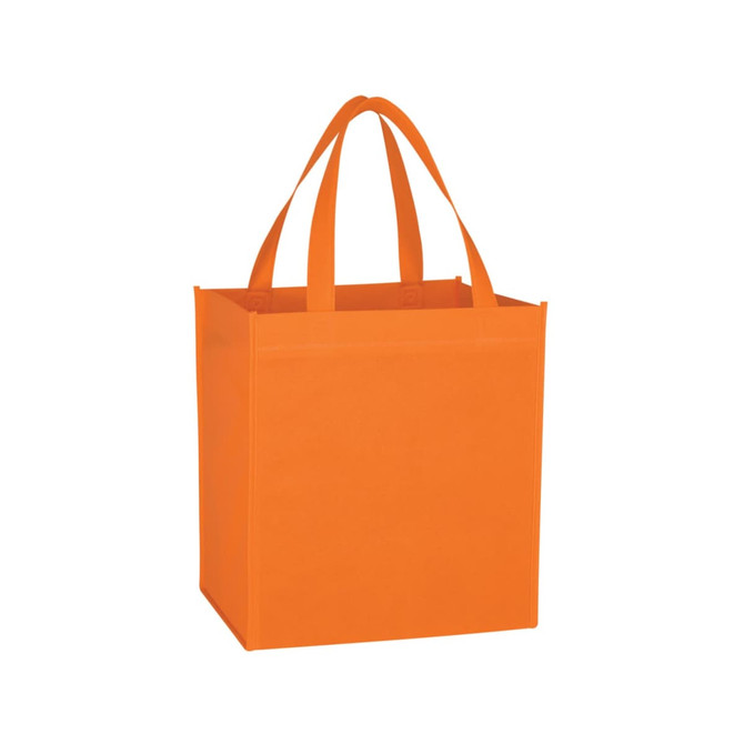 An orange tote bag with dual handles and a structured design. It includes a logo on one side.