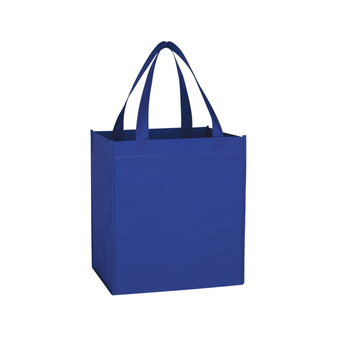 A blue tote bag with sturdy handles and a square shape, featuring a logo on one side.