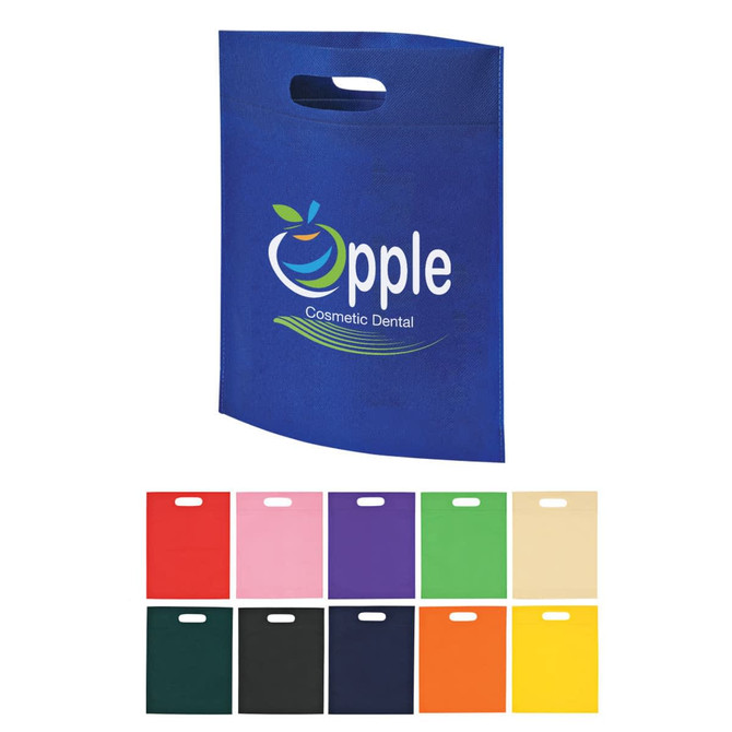 A blue non-woven tote bag with a logo and various colour options displayed below.