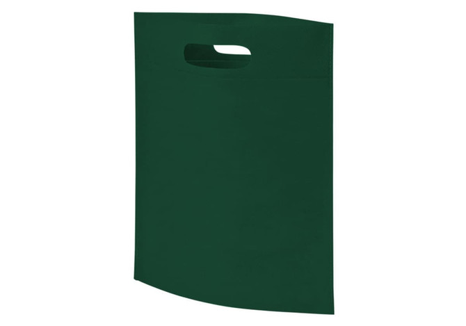 A green heat sealed non-woven exhibition tote bag with a cut-out handle and a textured surface. It features a logo.