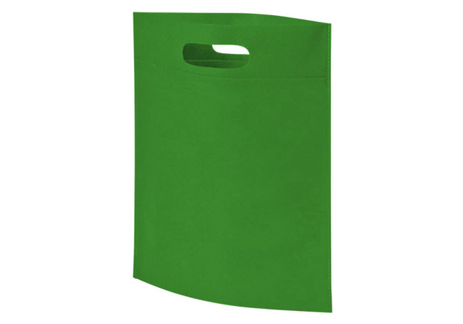A green heat sealed non-woven exhibition tote bag with a cut-out handle and a plain surface.