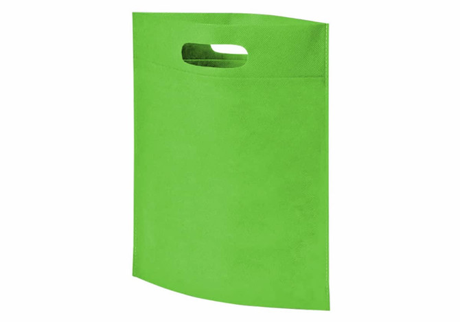 A bright green non-woven tote bag with a cut-out handle and a logo. Ideal for promotional use.
