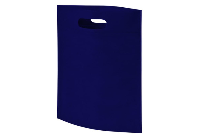 A navy blue non-woven tote bag with a cut-out handle and a smooth, simple design. It features a logo.