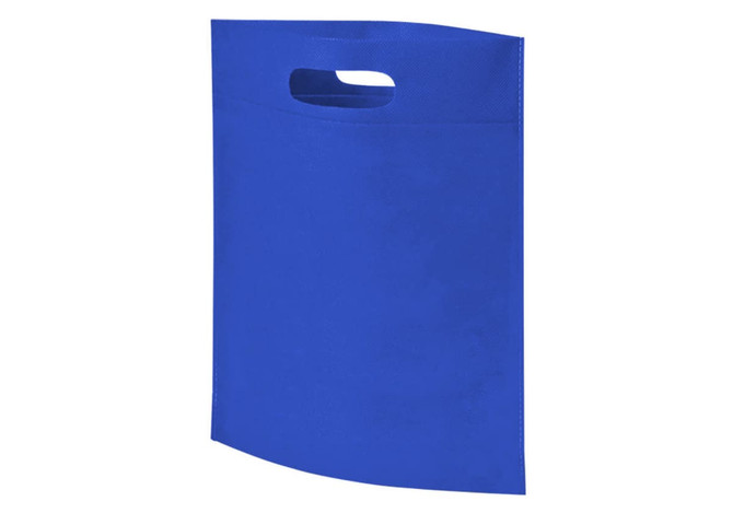Blue non-woven tote bag with a handle and a simple design, featuring a logo or branding on the surface.