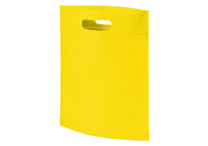 A bright yellow non-woven exhibition tote bag with a handle and a logo.