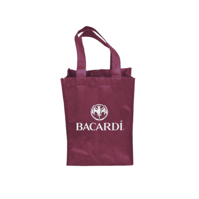 A drink bottle bag in burgundy with two handles and a logo. Suitable for carrying two bottles.
