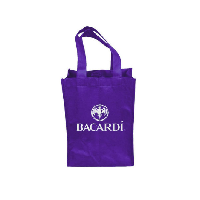 A drink bottle bag in vibrant purple with handles and a logo on the front, designed for carrying two bottles.