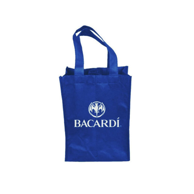 A drink bottle bag in blue featuring two compartments and a logo printed on the front.