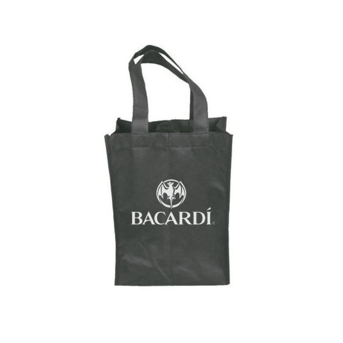 A drink bottle bag in black, featuring two compartments and a logo. Made from sturdy material with handles.