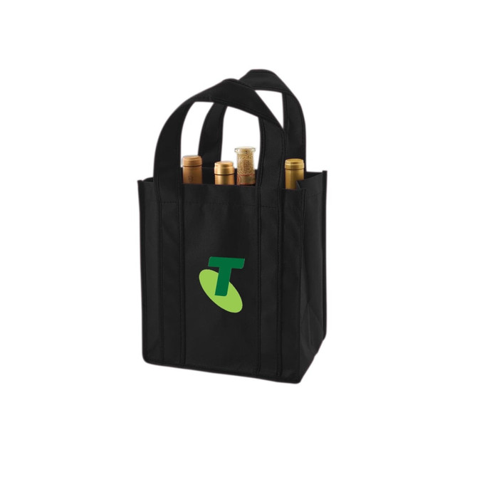 A drink bottle bag in black, designed to hold six bottles, featuring a logo on the front.
