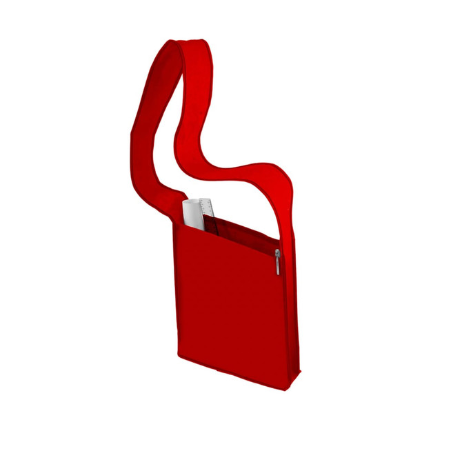 A red Curl Sling Bag with a long strap and a front pocket, featuring a logo on the side.