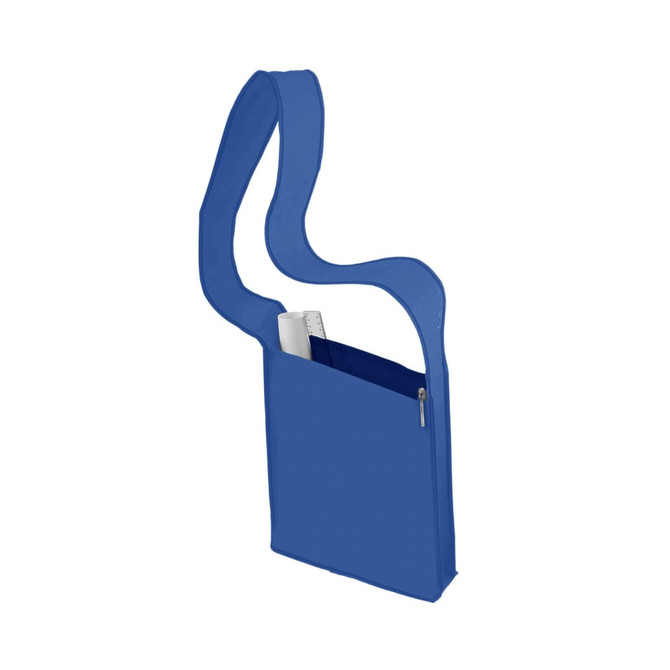A blue sling bag featuring a unique design with a single shoulder strap and a zippered pocket.