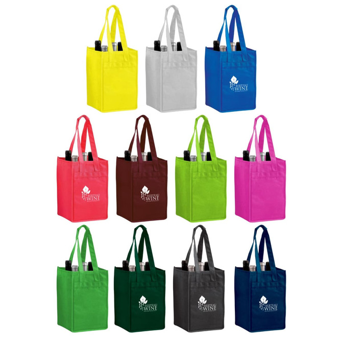 A non-woven polypropylene tote bag designed to hold four wine bottles, available in various colours with a logo.