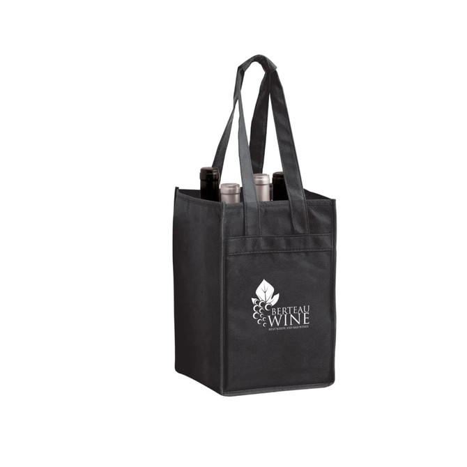 A black non-woven polypropylene tote bag designed to hold four wine bottles, featuring a logo on the front.