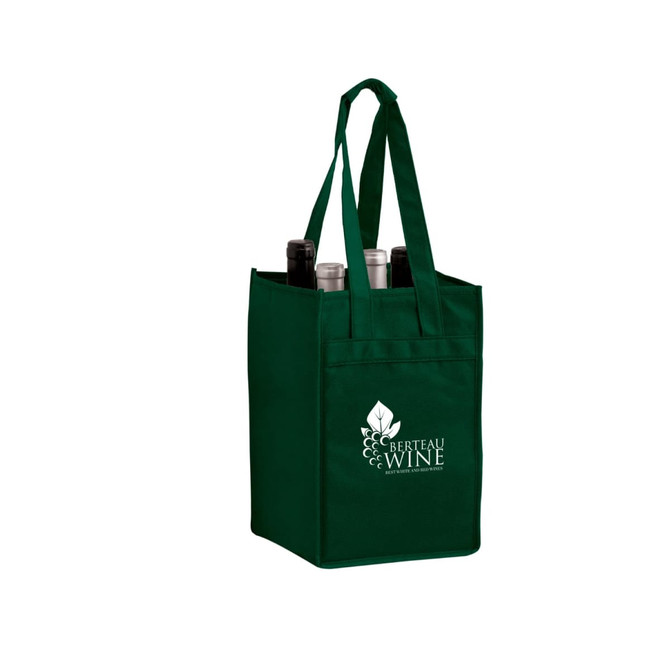 A green non-woven polypropylene tote bag designed to hold four bottles, featuring a logo.