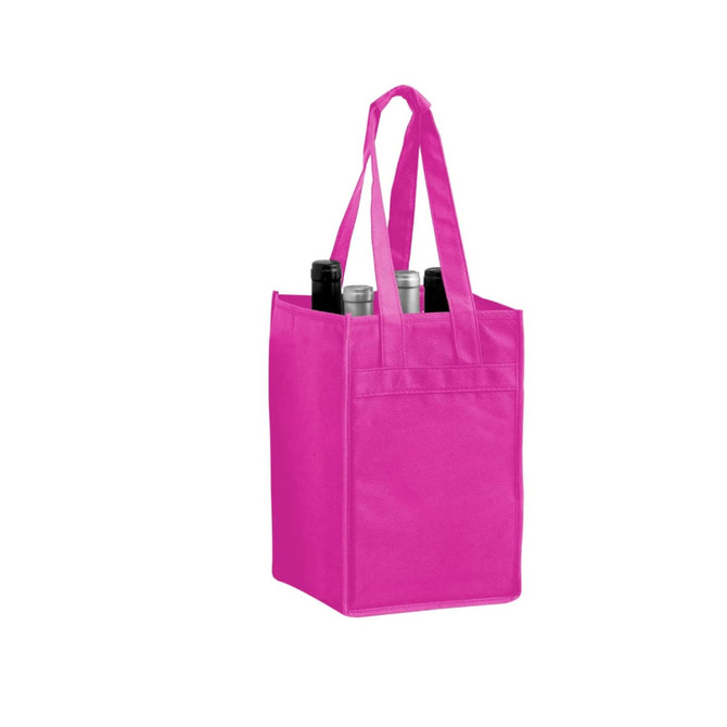 A pink non-woven polypropylene tote bag designed to hold four bottles, featuring sturdy handles and a logo.