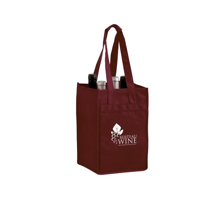 A maroon non-woven polypropylene tote bag designed to hold four wine bottles, featuring a logo on the side.